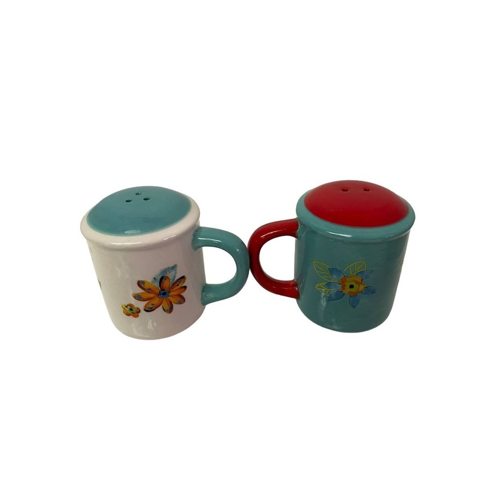 Vintage Pair of Ceramic Mug Shaped Salt Pepper Shakers White Blue Floral 3" Tall